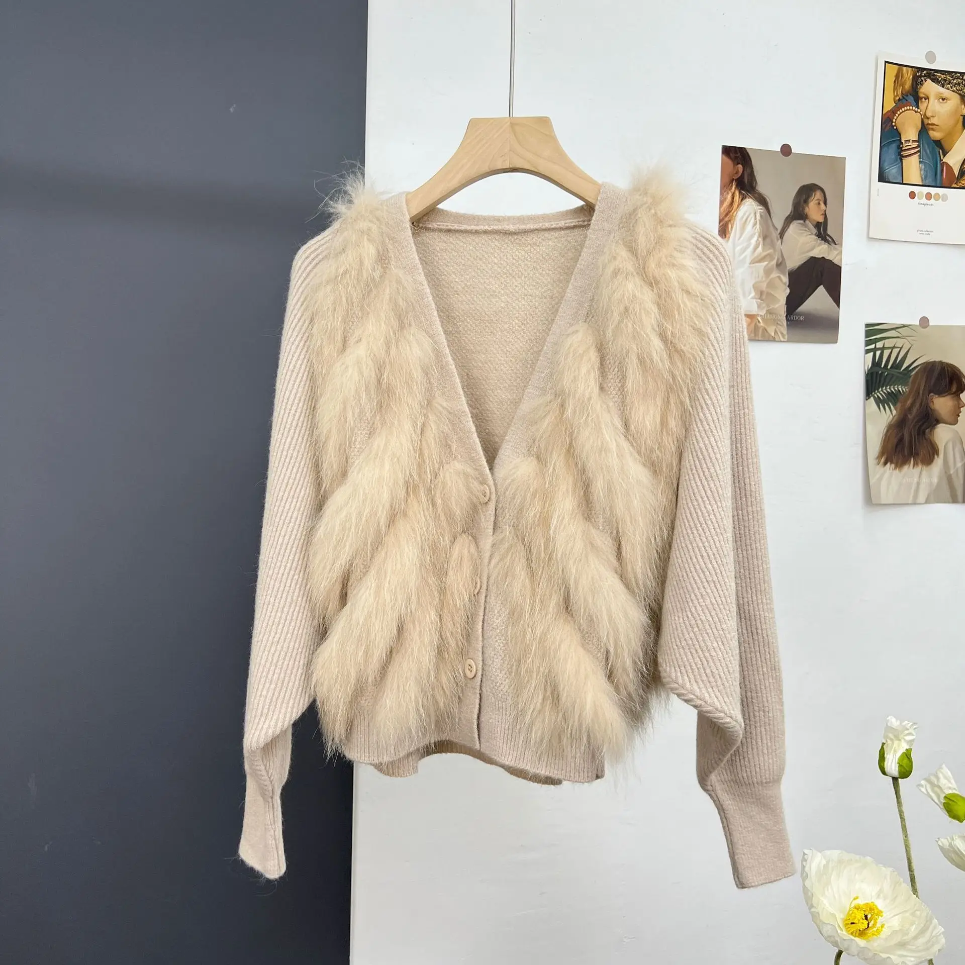 autumn and winter new item real fur knitted sweater women's short cardigan with shoulder sleeves, fairy temperament