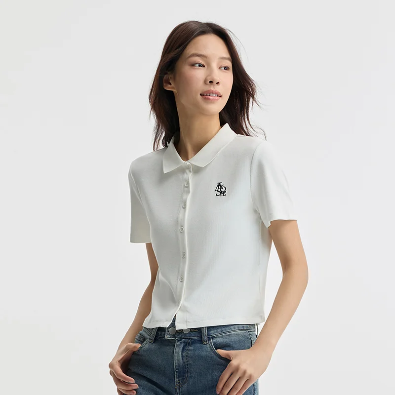 Semir Polo Shirt Women Short Embroidered Tops Small 2024 New Summer Letters Slim Cardigan Hundred With Simple