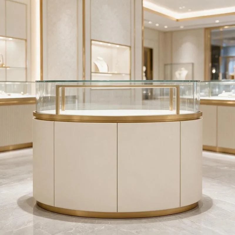 custom.Luxury Circular Tower Jewelry Showcase with LED Wall Niches Marble Floor Gold Accent Glass Display Boutique Shopfitting S