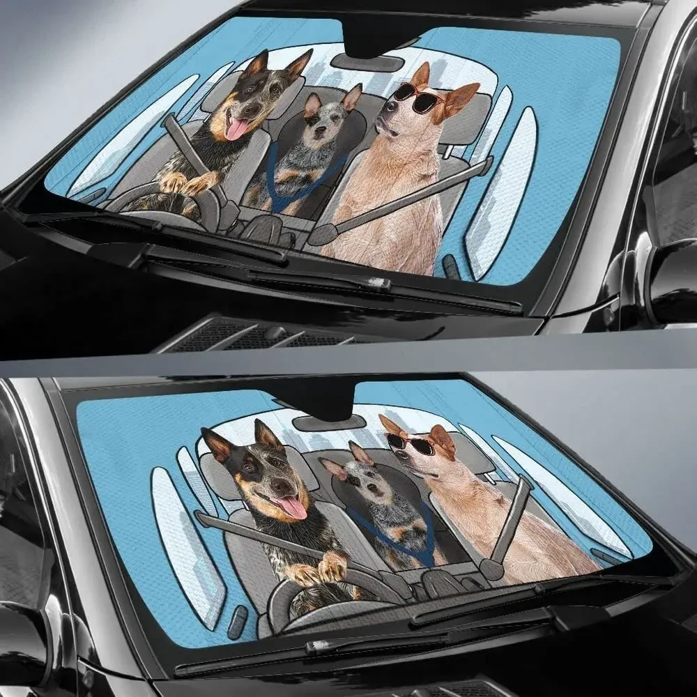 Australian Heeler Family Wearing Sunglasses Driving Blue Car Sunshade for Heeler Enthusiasts Heeler Windshield Visor Sunshade