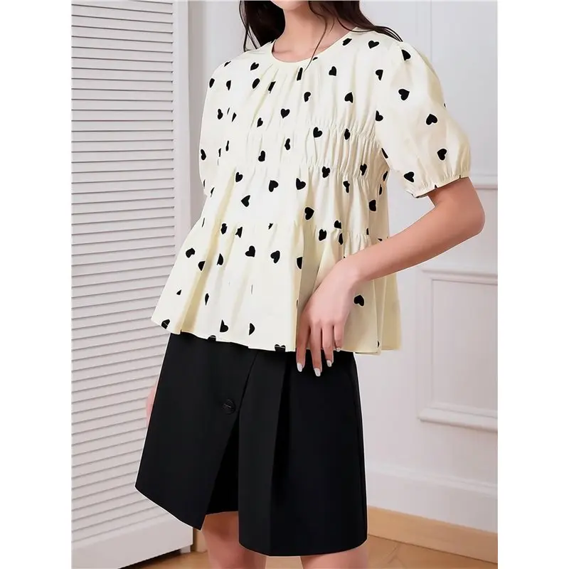 CYL-Women Heart Print Round Neck Puff Sleeve Blouse Summer Gathered Hiding Babydoll Short Sleeve Top