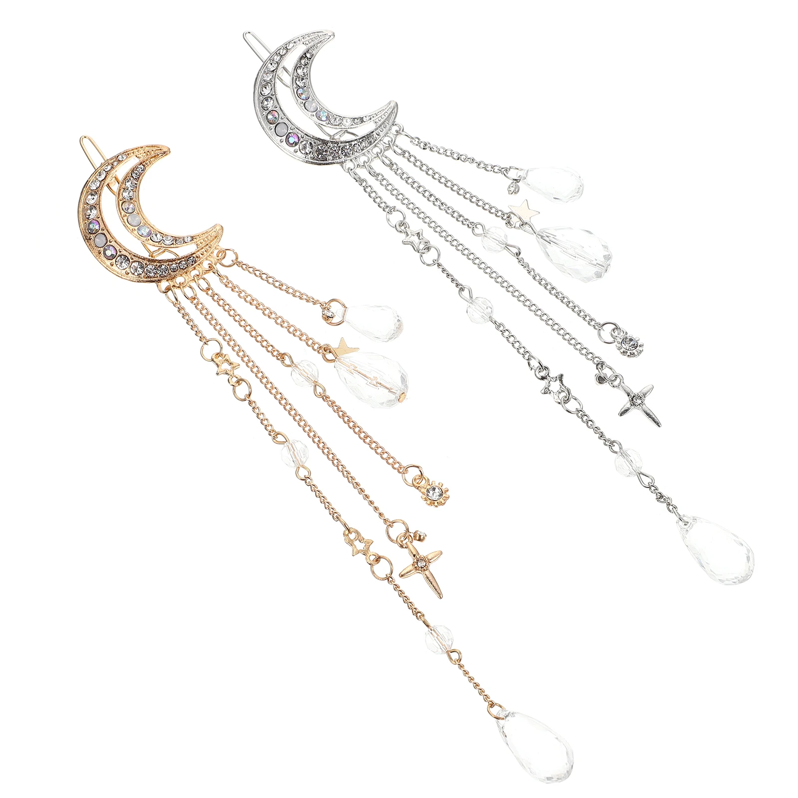 

2pcs Accessories for Women Dangle Moon Hair Clips Rhinestone Alloy Tassel Bridal Hairpin Styling Aid Suitable Thick Thin Hair