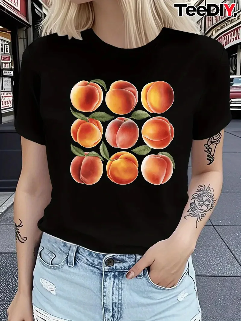

Cotton 100% Hot-selling New Product: Fruit and Peach Printed Round-neck Short-sleeved T-shirt for Women's Wear Graphic T Shirts