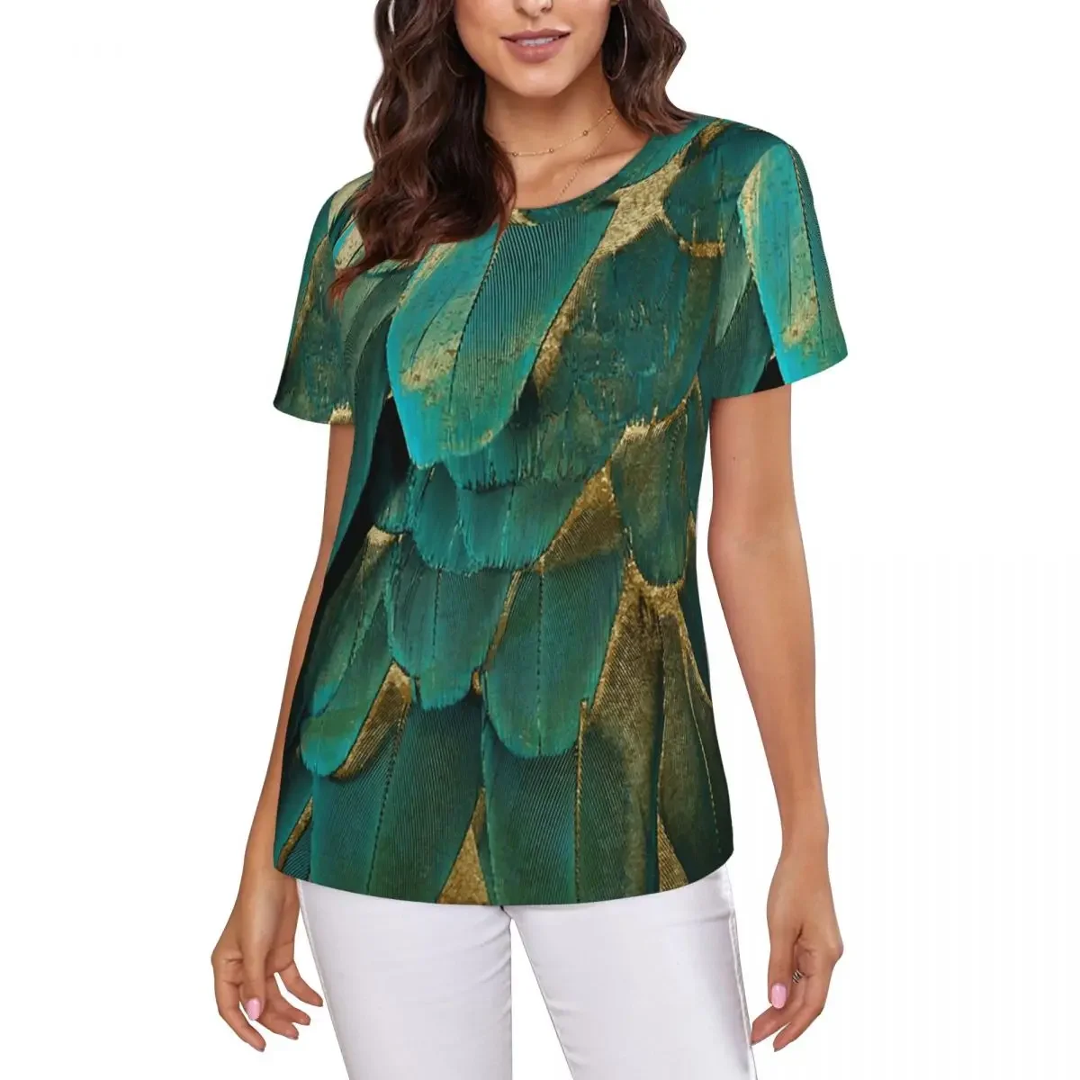 Feather Glitter Teal And Gold T-Shirt Women Short Sleeve T Shirts O-Neck Clothes Cotton Summer Tees Streetwear
