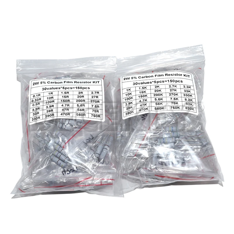 Resistor Kit 1W 2W 3W 5W 5% 30Kinds X 10PCS Carbon Film Resistance 0.1-750 ohm Set 1k-820K 30Kinds X 5PCS