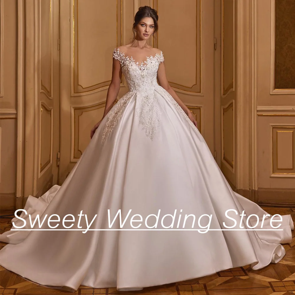 Ball Gown Satin Wedding Dress Cap Sleeve Sheer Scoop Neck Beading Applique Court Train Modern Satin Wedding Gowns Bridal Dress
