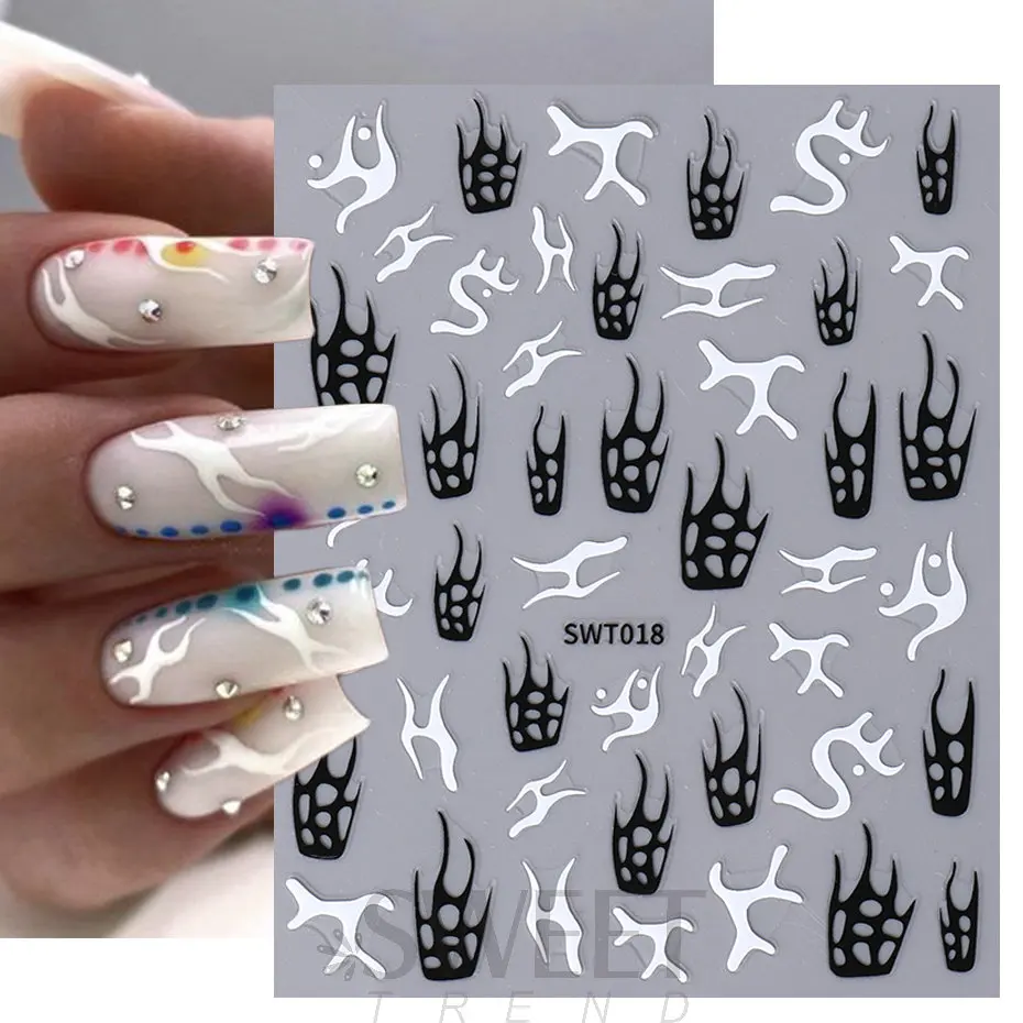 Metallic Silver Flame Nail Stickers Striped Wavy Line Tribal Fire Tatton Slider Holographic 3D Manicure Tips Decoration JISW-T