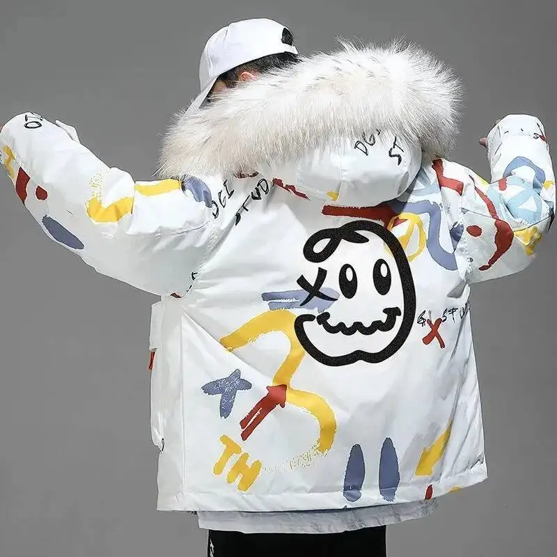 New Fashion Printed Jacket Womens Hooded Parka Overcoat Couple Wear Winter Cold Warm 90% White Duck Down Jackets 100KG