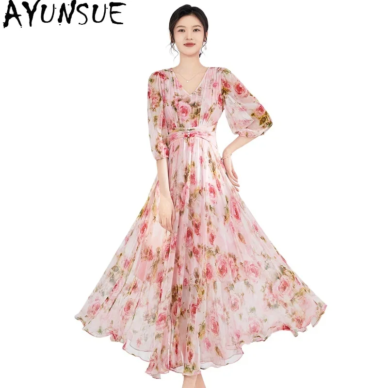 

AYUNSUE 100% Mulberry Silk Dresses 2024 Women Elegant Luxury Party Long Dresses Summer Pink Dress Slim Womans Clothing Vestidos