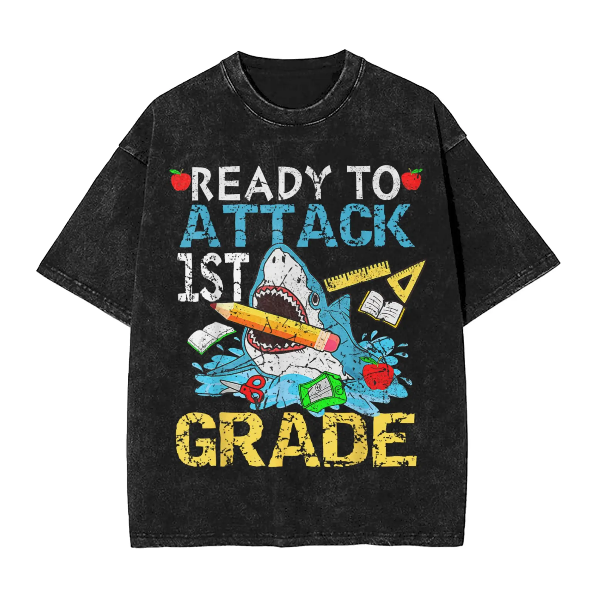 Vintage Shark Ready To Attack 1ST Grade Funny 1ST First Day School T-Shirt for Men 100% Cotton Washed T Shirt Tee Shirt Clothes