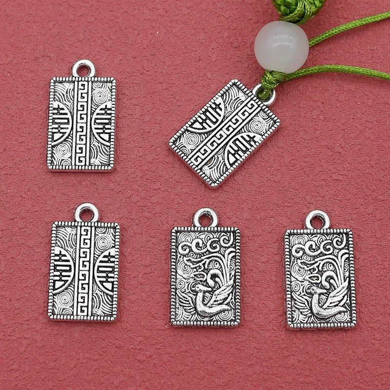 10pcs/Lot Chinese Style Double Sides Pattern Square Card Charms Happiness and Phenix Retro Metal Pendants DIY Jewelry Earrings