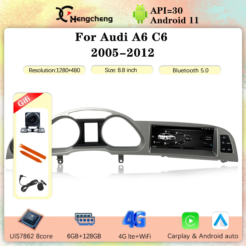 

Автомобильный мультимедийный плеер 8,8 дюйма для Audi A6 C6 2005-2012, GPS-навигация, Android 11, 8 ядер, 6 + 128 ГБ, Carplay 360, камера, 4G, автомобильный компакт-диск