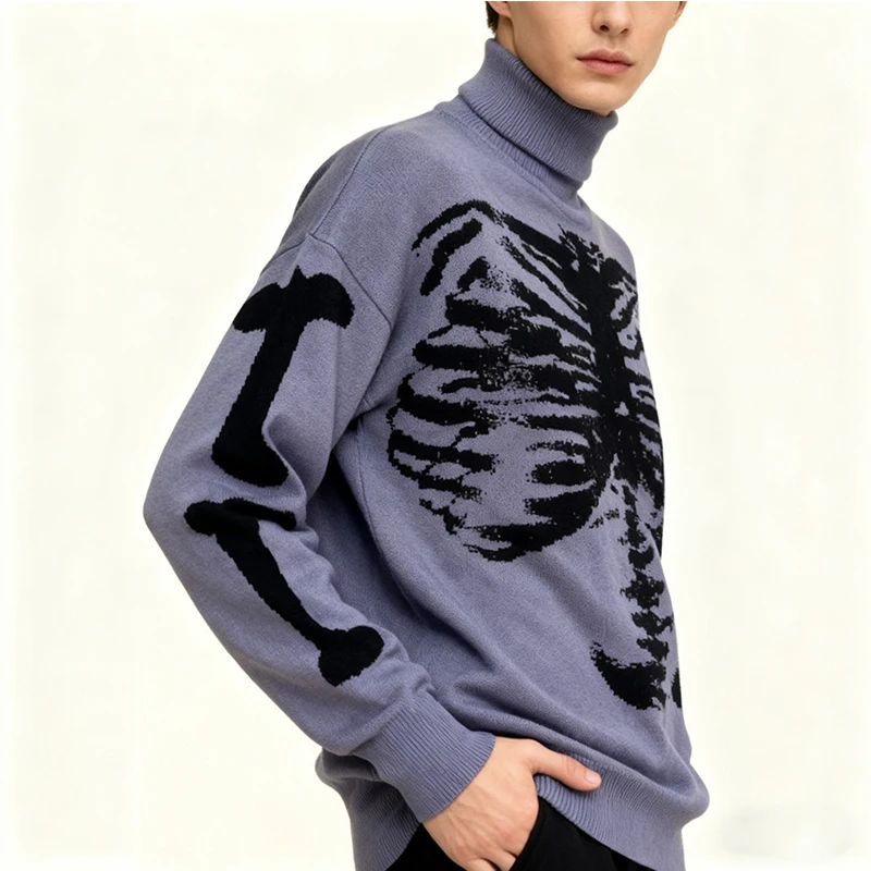 

Knitted Sweater Casual Halloween Theme Y2K Women Loose Winter Fashion Streetwear Crew Neck Pullover Color Block Skeleton Pattern