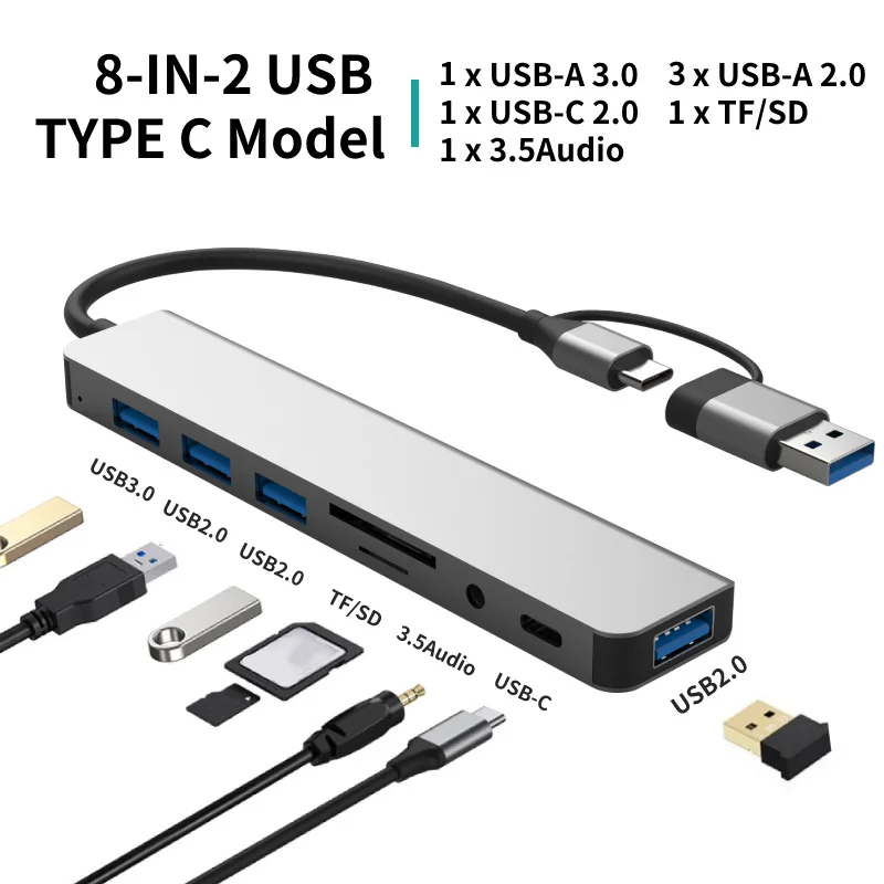 

8 in 2 USB Type C USB 3.0 HUB Docking Station with 3.5mm Jack Audio Adapter Micro SD/TF Card Reader for Macbook Laptop Tablet