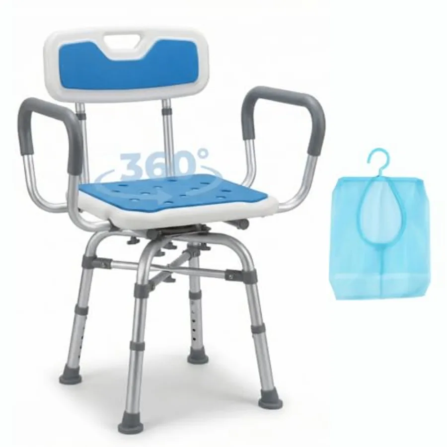 

360 Swivel Shower Chair for Elderly and Disabled - Heavy Duty 500 lbs with Arms Back Height Adjustable Bath Tub Bench Stool Sea