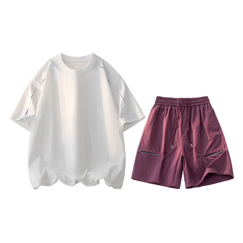 

Корейский стиль: повседневный летний комплект из футболки с коротким рукавом и брюк, универсальный уличный модный образ, смесь полиэстера и спандекса (5/4 длины)