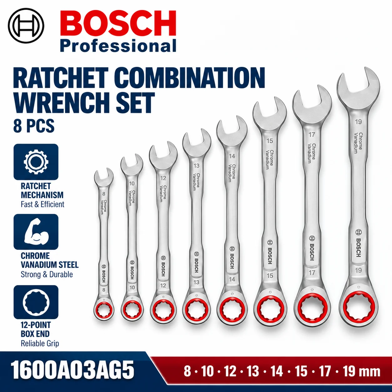 BOSCH 8PCS Ratchet Wrench Set Metric 8-19mm Combination Wrench Set Chrome Vanadium Steel Hand Tools for Auto Mechanic Repair