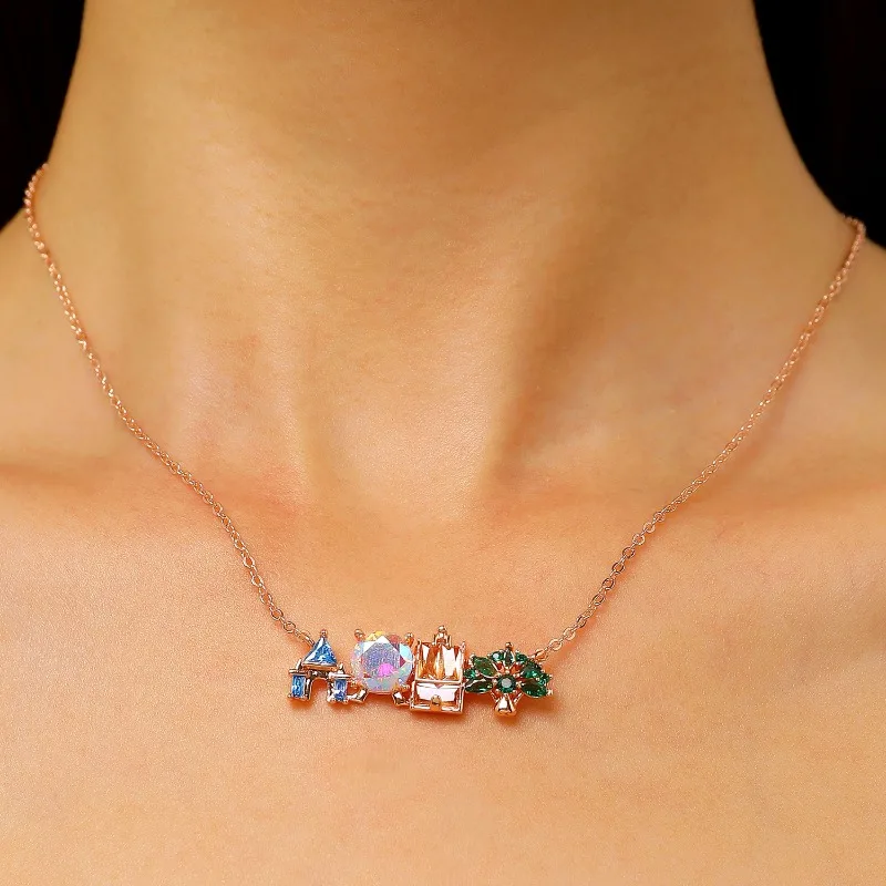 Princess's dream castle necklace, colorful zircon splicing turquoise light luxury amusement park niche collarbone chain