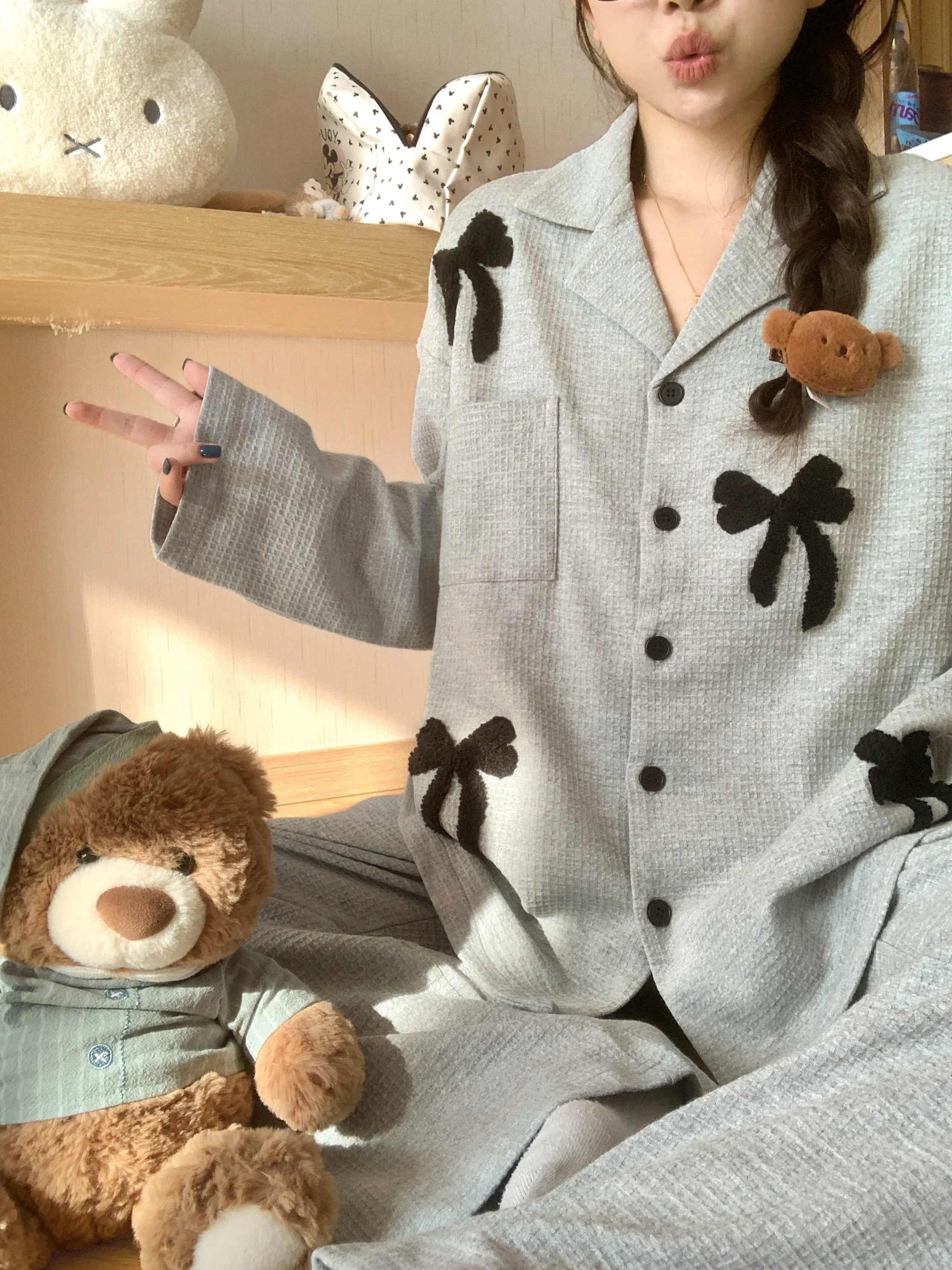 

Весна 2026: Женская пижама из чистого хлопка с длинным рукавом, домашняя одежда с завязками, для улицы, в милом стиле, с принтом, комфортная