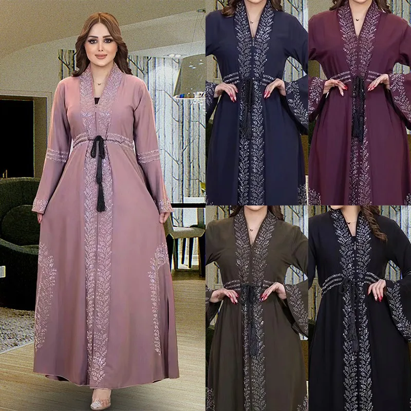 

Summer Women's Clothing Open Abaya Bell Sleeves Long Modest Dress For Woman Geometric Polyester Blend Loose Waist Kaftan
