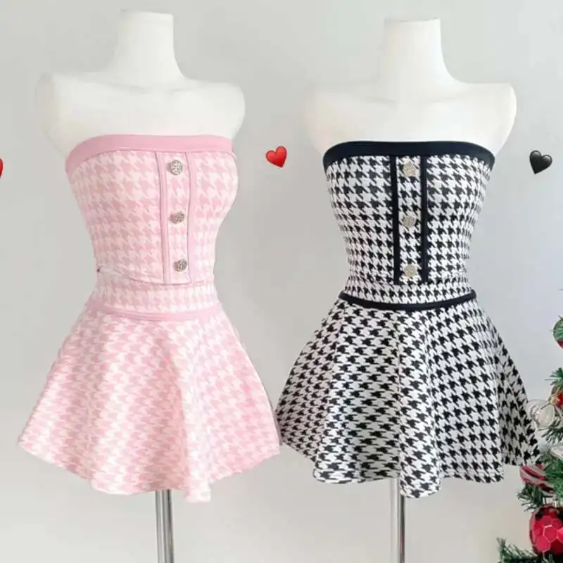 

2025 new in matching sets summer Knitted Women sexy Strapless Top Slim High Waist mini Skirt Sweater 2 piece sets woman outfit