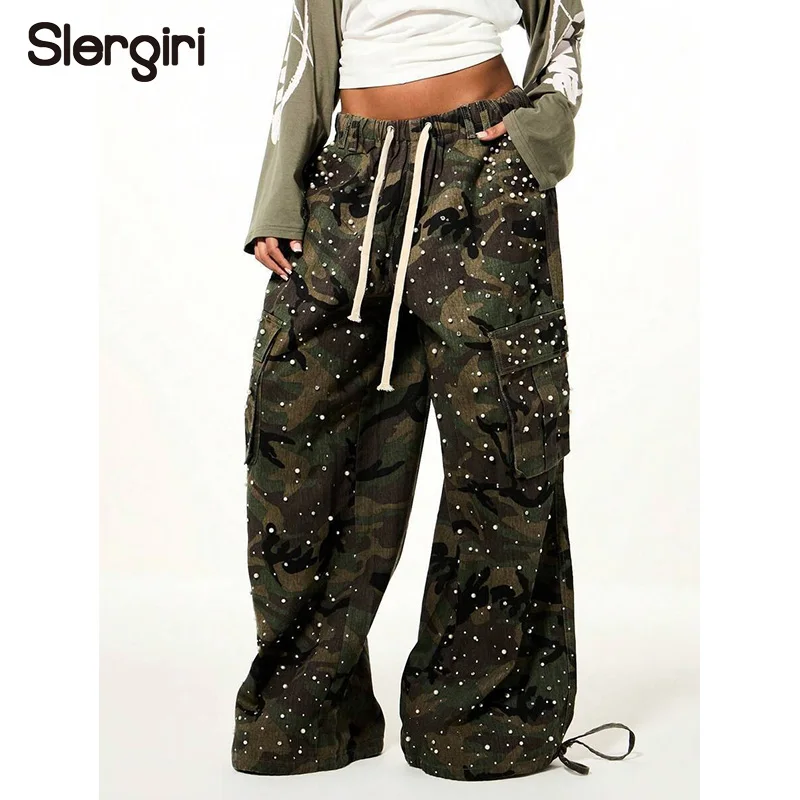 Slergiri Camouflage Print Diamonds and Pearl Beaded Cargo Pants Women Fashion New Y2k Streetwear Pockets Loose Wide Leg Trousers