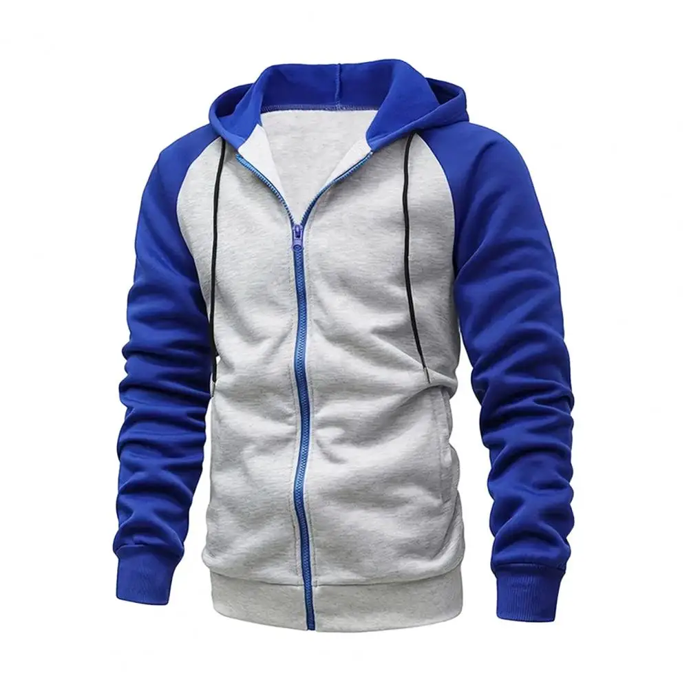 Men Hoodie Zipper Sweatshirt Color Blocking Long Sleeve Zip-up Hoodie Soft Warm Thick Mid Length Men Sports Hooded Sweatshirt