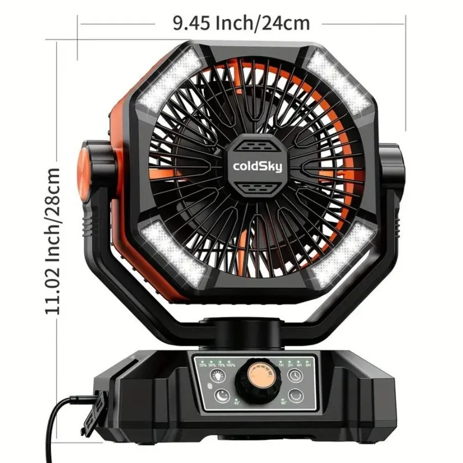Tragbarer Campingventilator mit 20000 mAh Akku, 4 LED-Leuchten, 8 Geschwindigkeitseinstellungen, wiederaufladbarer Outdoor-Zeltventilator mit Haken, leiser USB-Ventilator