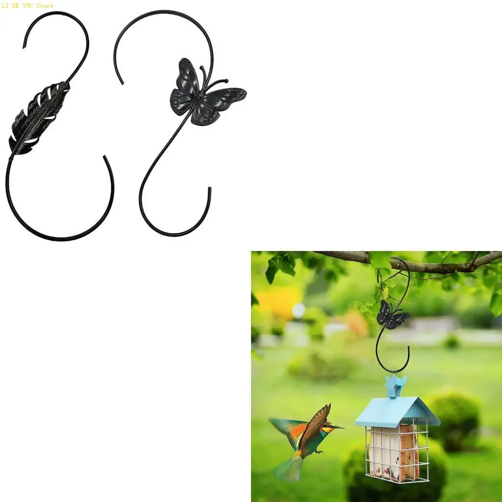 W3JE 2 Pieces Large S Hooks Heavy Duty Anti Rust Black Metal Hook Indoor Outdoor Plants Hooks Bird Feeder Hanger for Garden