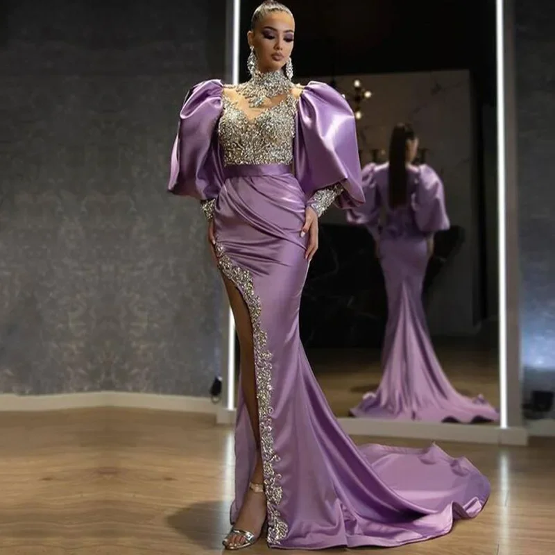 2024 New Style European American Cross-border Amazon Princess Sleeve Hip-hugging Long Skirt Tail Golden Elegant Evening Dress