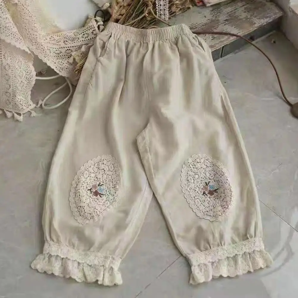 Rural Style Cotton Linen Women Pants Lace Patchwork Flower Embroidery Mid-calf Length Ninth Pants Retro Ladies Casual Pants