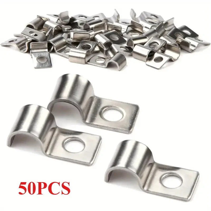 50pcs Motorhome Metal Pipe Cable Fixing Clamps U-Shaped Stainless Steel Clips Hooks For Dia. 6-7mm Pipe RV Camper Accessories