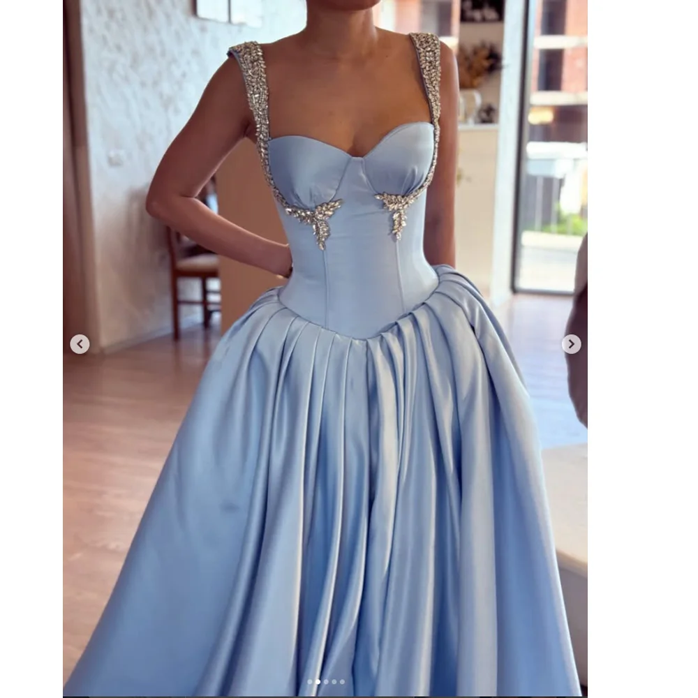 

Elegant Blue A-Line Prom Party Dress Crystals Soft Satin Floor Length Formal Evening Gowns Customized Vestidos De Fiesta