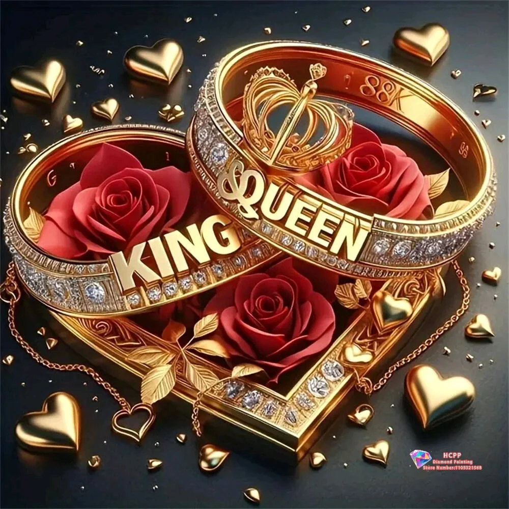 

King and Queen Gold Rings with Red Roses and Hearts 5D DIY Diamond Painting Set with Square and Round Diamonds Crafts Decor Gift
