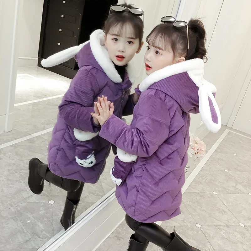 Girls Parkas Coat Winter Long Padded Rabbit Fur Collar Jacket Children Windproof Outerwear Kids Fashion Cotton Clothes TR144