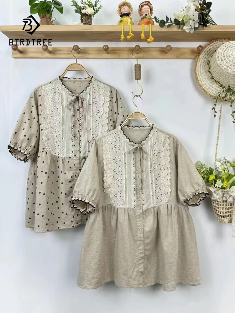 New Summer Cotton Linen Short Sleeve Shirt O Neck Tops Mori Girl Casual Loose Commute Sweet Lace Blouse 2024 Autumn T46706QC