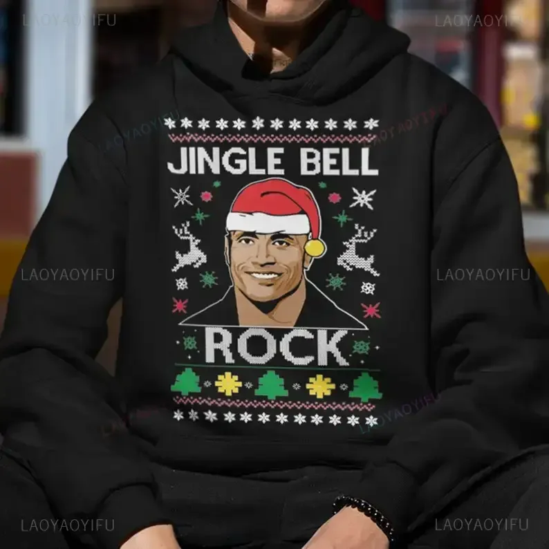 The Rock Christmas Ugly Christmas Sweater Jingle Bell Rock Woman Man Red New Year Xmas Hoodie Autumn Winter Drop Shoulder Hoody