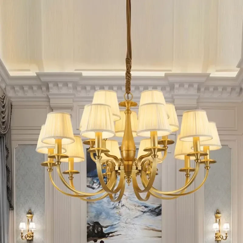 VH American Country Style Modern LED Copper Chandelier Warm Interior Fabric Decoration Lighting Adjustable Height for Villa