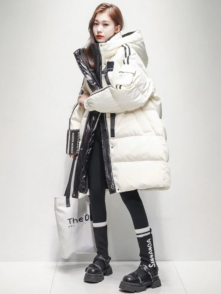 Women Thick Down Jacket 2023 Winter Stand Collar White Duck Down Warm Hooded Long Coat with Pocket Casual Chic Outwear