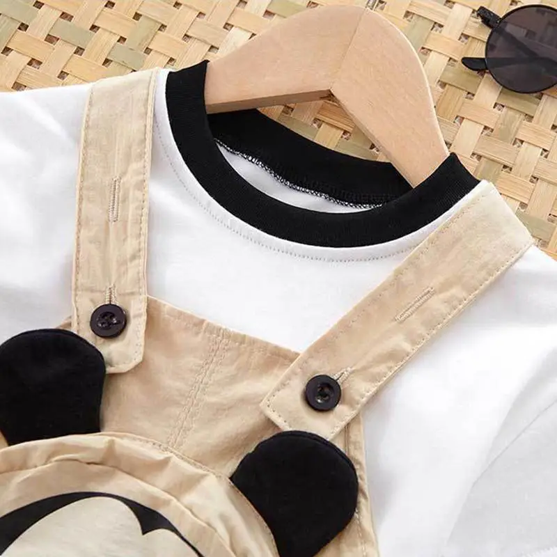 Summer Baby Boys Girls Rompers Newborn Short Sleeve T Shirt + Brace 2 Pcs Sets Cartoon Mickey Mouse Infant Cotton Kids Jumpsuits