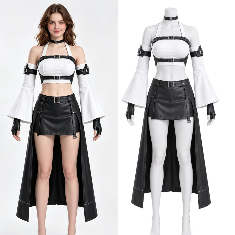FF7 Tifa Lockhart Cosplay Costume Final Fantasy VII Gothic Punk Leather Skirt Crop Top Women Halloween Carnival  Party Rave Outf