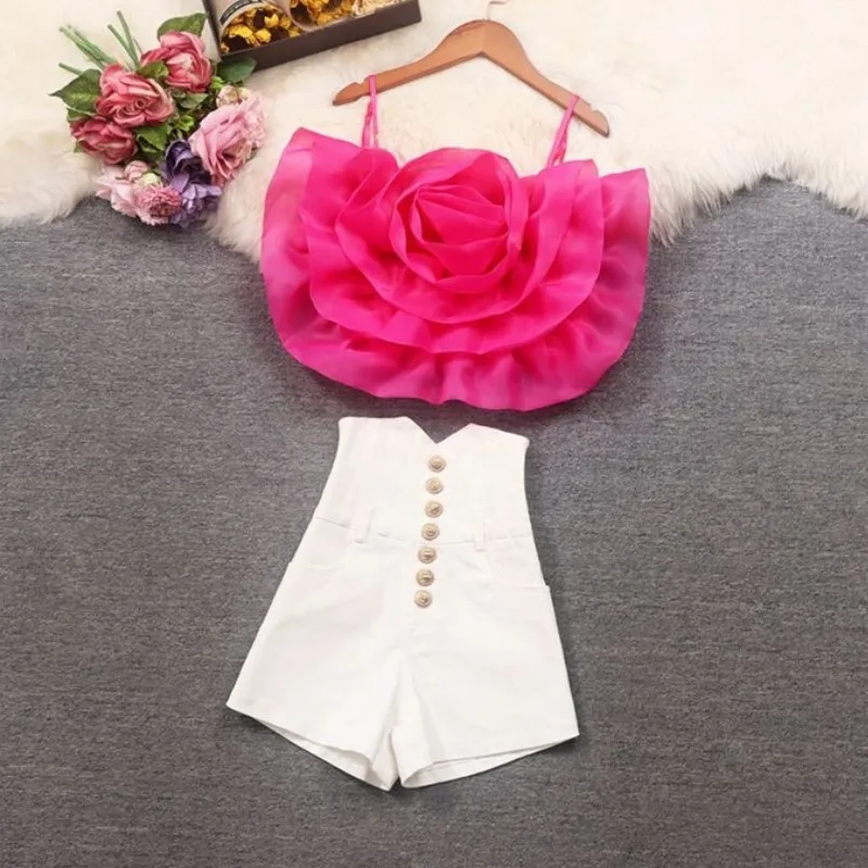 Women Y2K Short Suit 3D Flower Crop Top And Pant Two Piece Set Ladies Matching Outfit 2023 Summer Sexy Club Party Clothing