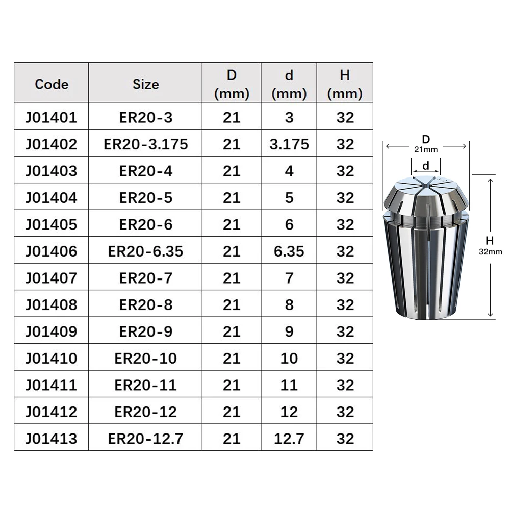 CNC ER20 콜릿 조각 기계 스핀들 탄성 고정 너트, 고정밀 0.015mm 스프링 척, 3mm-12.7mm 생크 엔드 밀