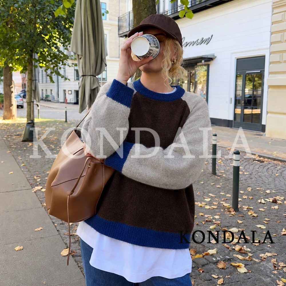 KONDALA Women Fall Casual Knitted Sweater Elegant Contrasting Colors O-Neck Tops 2026 Autumn Fashion Classic Versatile Sweater
