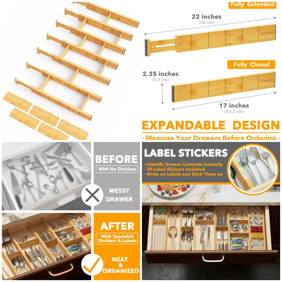 

Bamboo Drawer Dividers with Inserts & Labels, Adjustable Kitchen Organizer, 7 Dividers, 15 Inserts (17'-22')