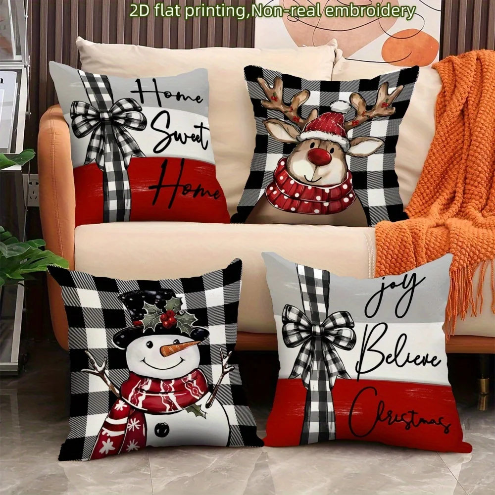 4pcs Christmas Pillow Covers – Festive Reindeer with Scarves & Snowmen Prints, Holiday-Themed Cushion Covers for Christmas Decor