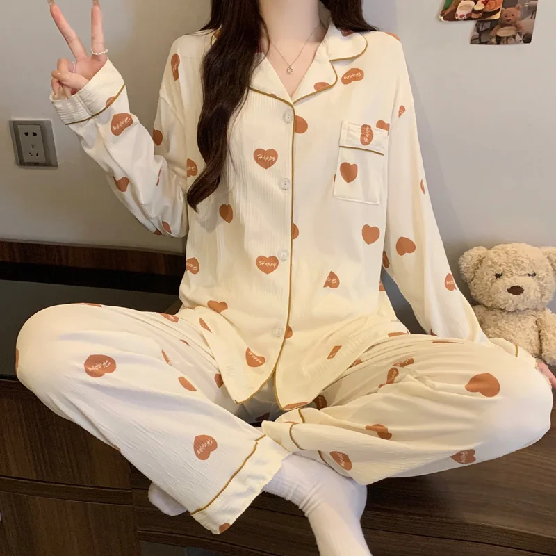 

Wrinkled Fabric Women's Pajamas Summer High-End Heart Design Spring and Autumn Long Sleeve Simple Casual Loose Homewear Set