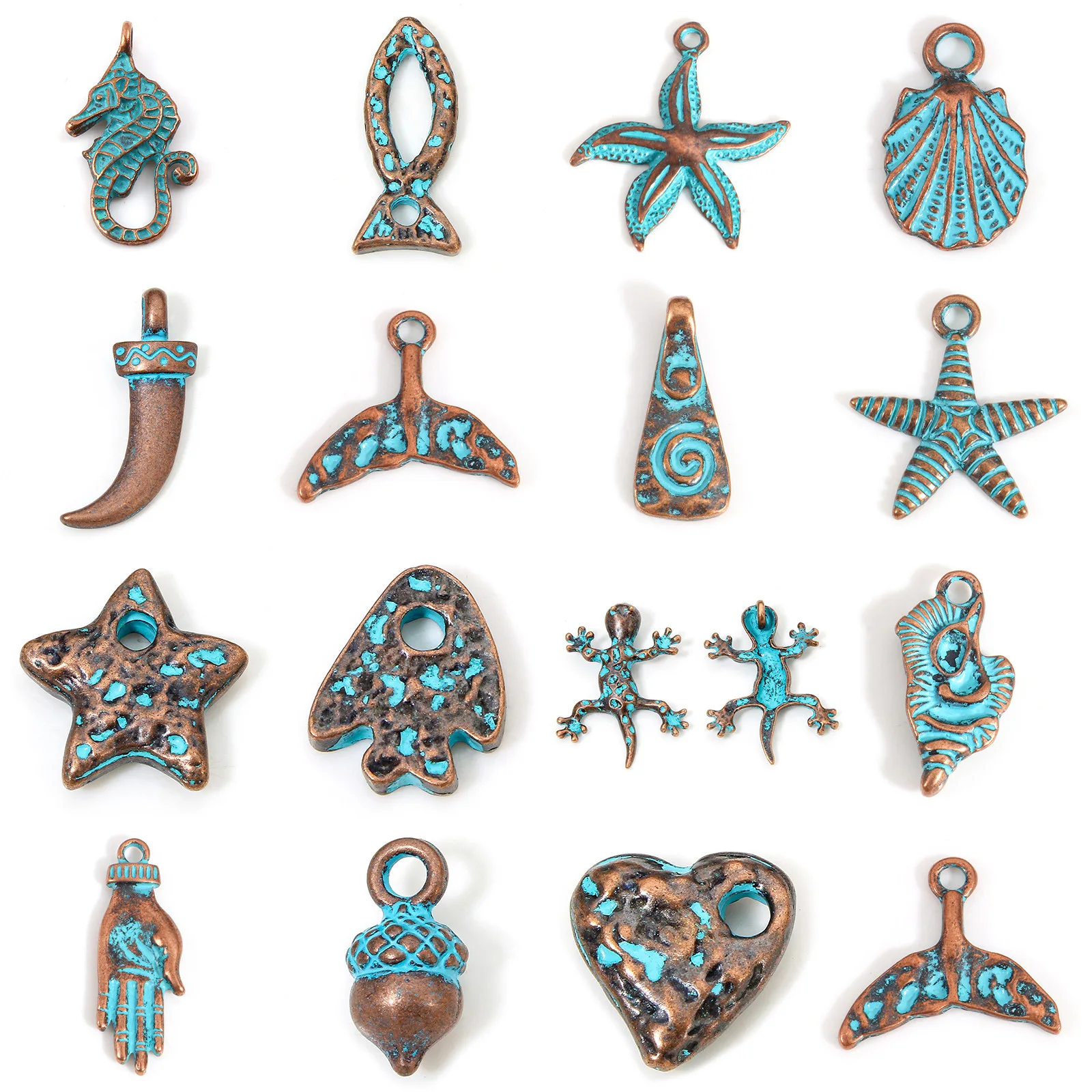 10Piece Vintage Patina Pendants Blue Antique Bronze Shell Star Metal Charms For DIY Bracelets Earrings Necklace Jewelry Findings