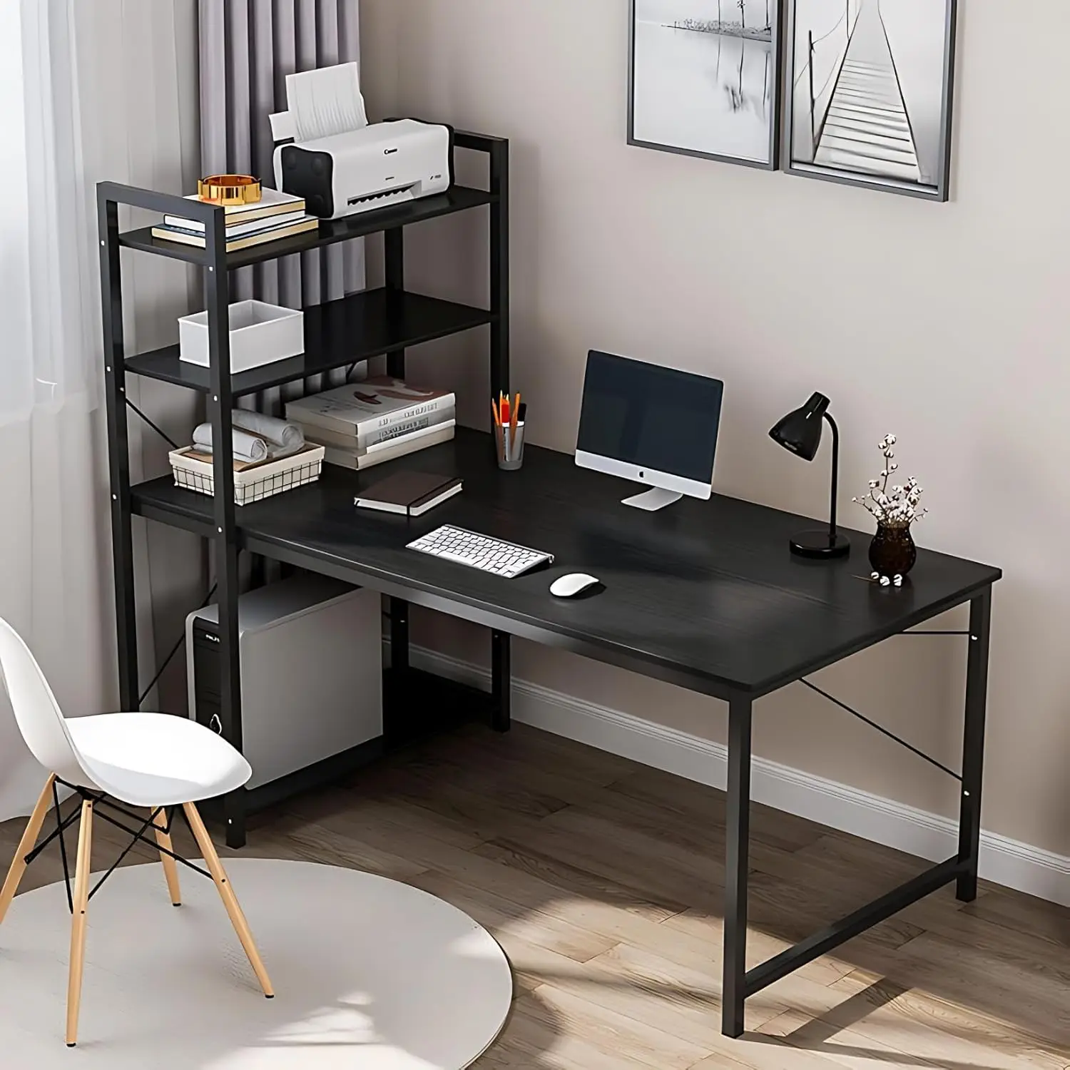 

Computer Desk With Storage Shelves, 4-Tier Bookshelf & Spacious Work Surface, Home Office Writing Desk (Black)
