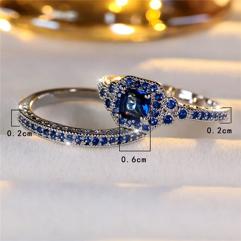 Female Blue Zircon Stone Engagement Ring Set Cute Silver Color Wedding Jewelry For Women